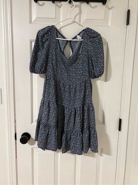 Navy Puff-Sleeve Tiered Dress with Back Keyhole